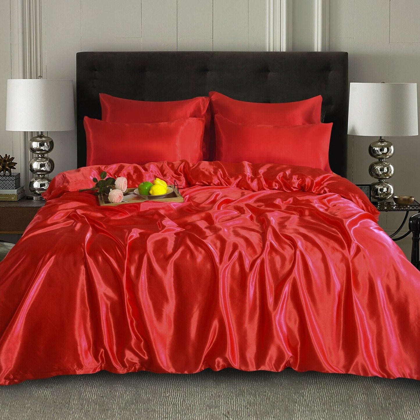 ROOEE 6PCS Satin Silk Complete Bedding Set Fitted Sheet Duvet Cover Pillow Cases