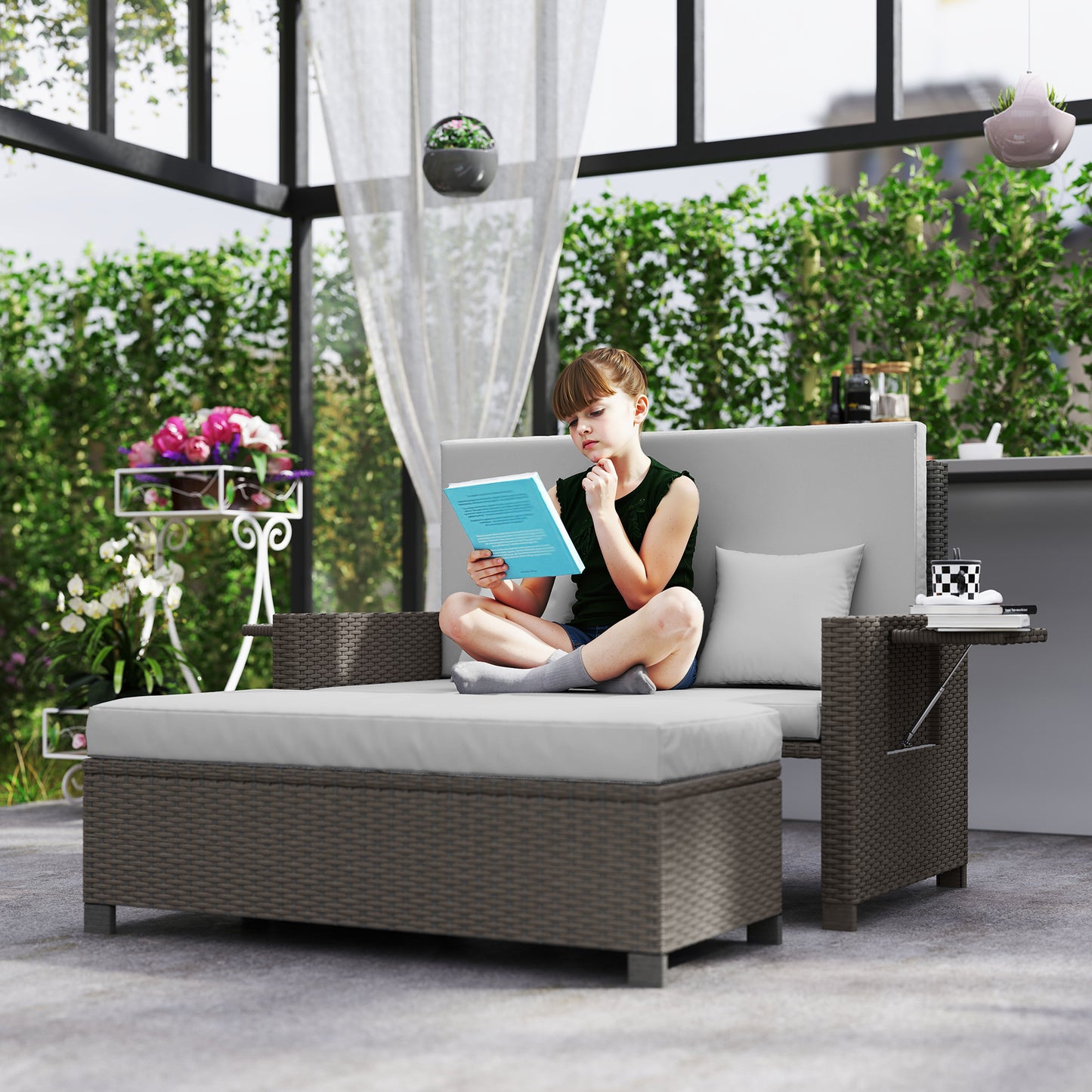 Garden Rattan Furniture Set 2 Seater Patio Sun Lounger Daybed Sunbed