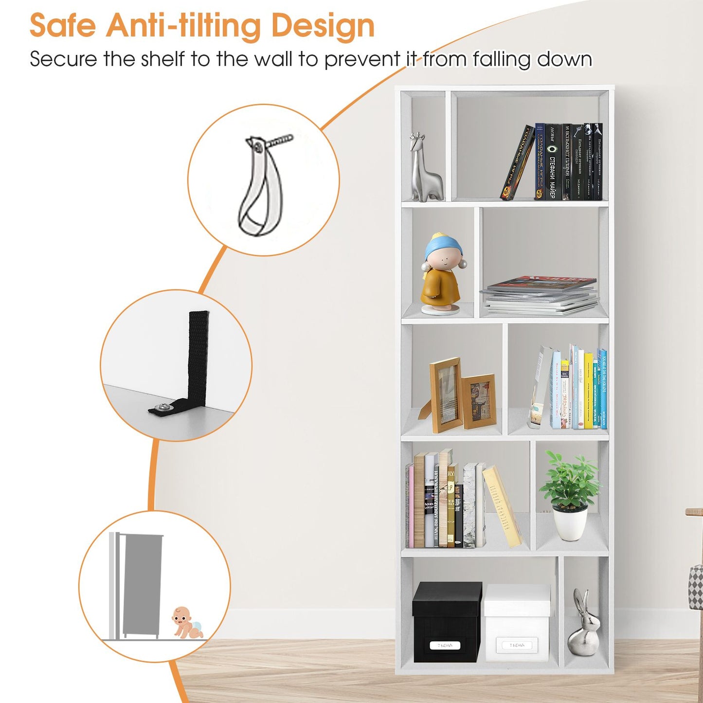 Wood Bookshelf with 10 Compartments Home Study Living Room