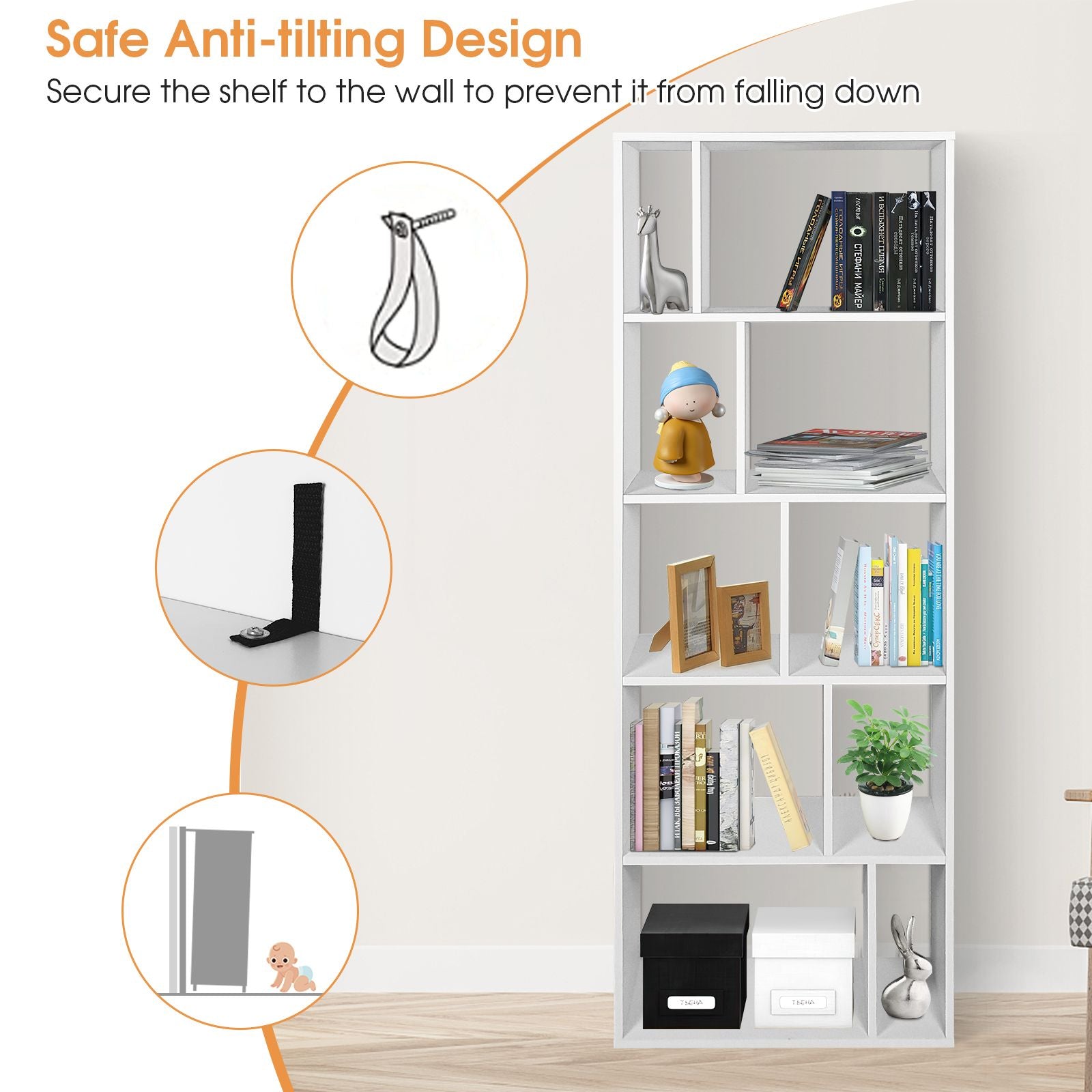 Wood Bookshelf with 10 Compartments Home Study Living Room