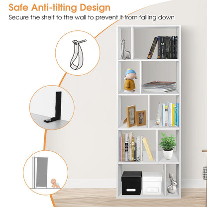 Wood Bookshelf with 10 Compartments Home Study Living Room