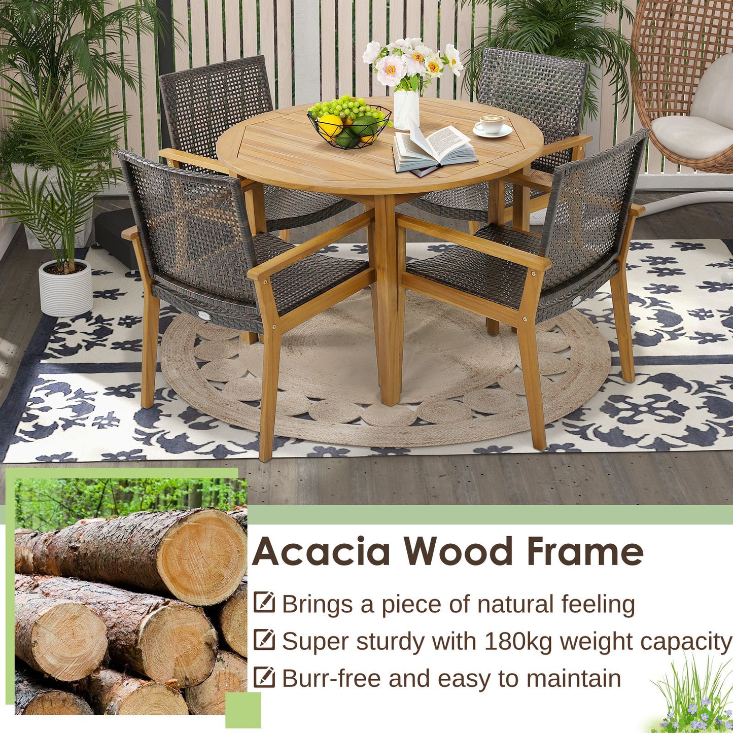 Outdoor Acacia Wood and PE Wicker Chairs with Armrests