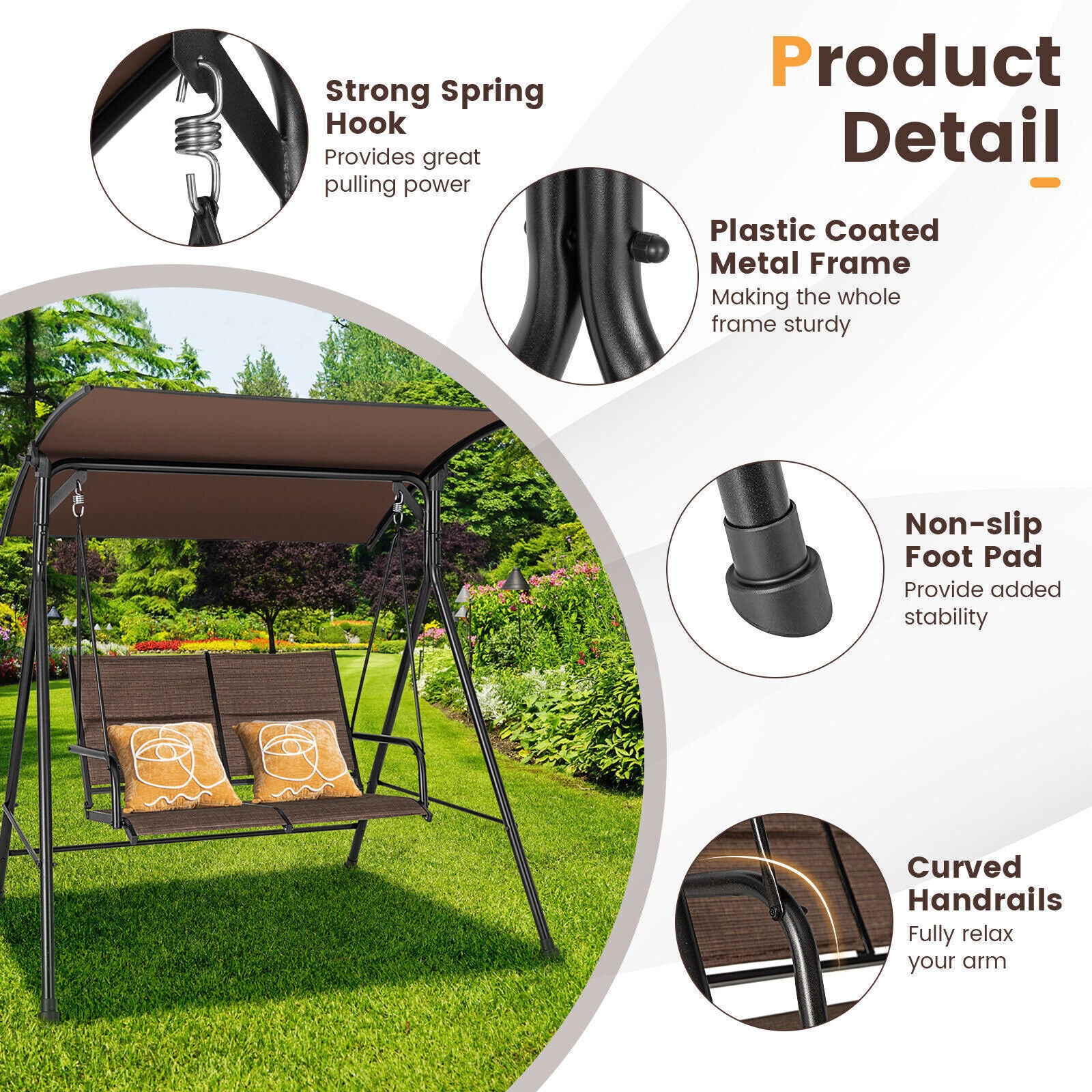 2 Seat Outdoor Porch Swing Swing Glider Outdoor Swing for Yard Patio Garden