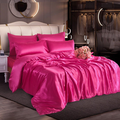 ROOEE 6PCS Satin Silk Complete Bedding Set Fitted Sheet Duvet Cover Pillow Cases