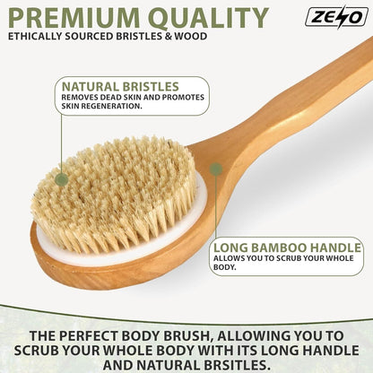 SHOWER BODY BRUSH BACK SCRUBBER with LONG HANDLE NATURAL BRISTLES EXFOLIATING