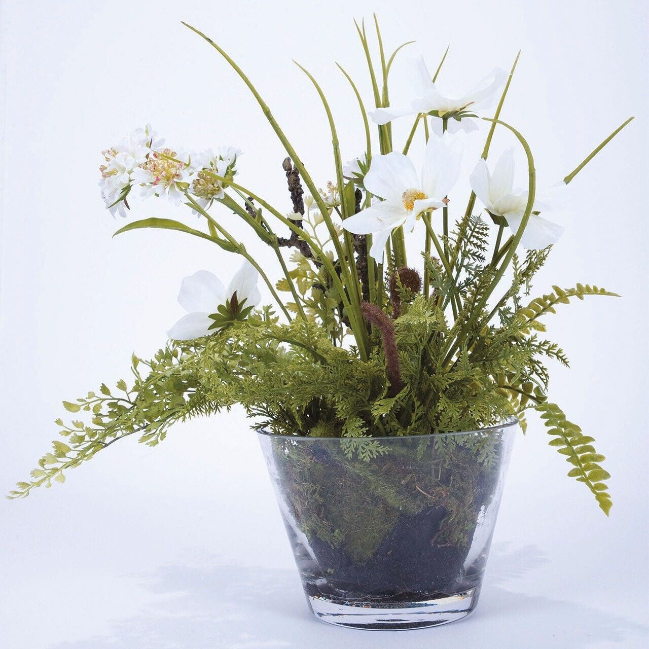 Bloom Artificial Faux White Cosmo Flower & Green Fern Arrangement in Glass Vase
