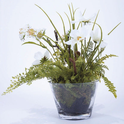 Bloom Artificial Faux White Cosmo Flower & Green Fern Arrangement in Glass Vase