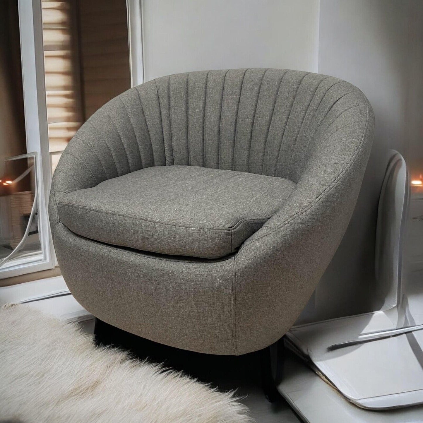 Durable Grey Linen Tub Swivel Dining Chair with Padded Seat for Bedroom, Office