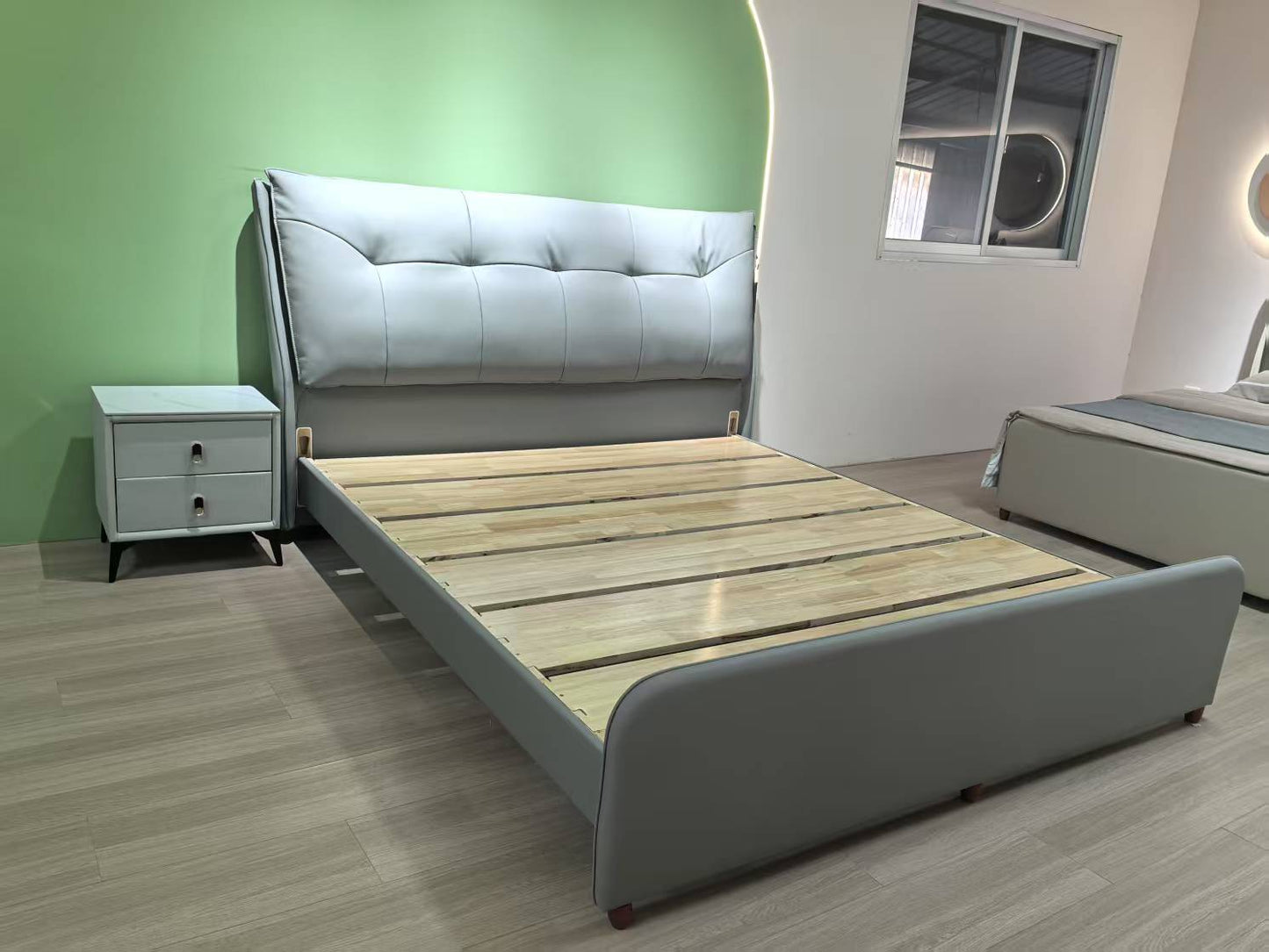 Sky Blue Oak Wood Bed Frame Set with Adjustable Headboard & Rockboard Bedside Table – Model 201